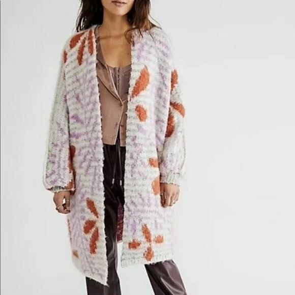 Free People Sweaters - Free People Could It Be You Cardigan Flower Midi Ivory Rust Lavender Gray